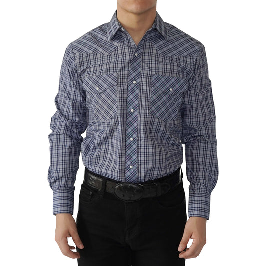 MEN'S GREY LONG SLEEVE WESTERN SNAP PLAID SHIRT