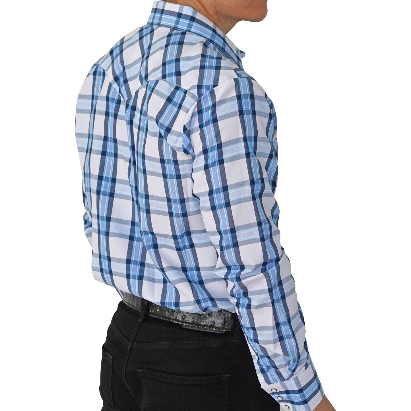 MEN'S BLUE LONG SLEEVE WESTERN SNAP PLAID SHIRT