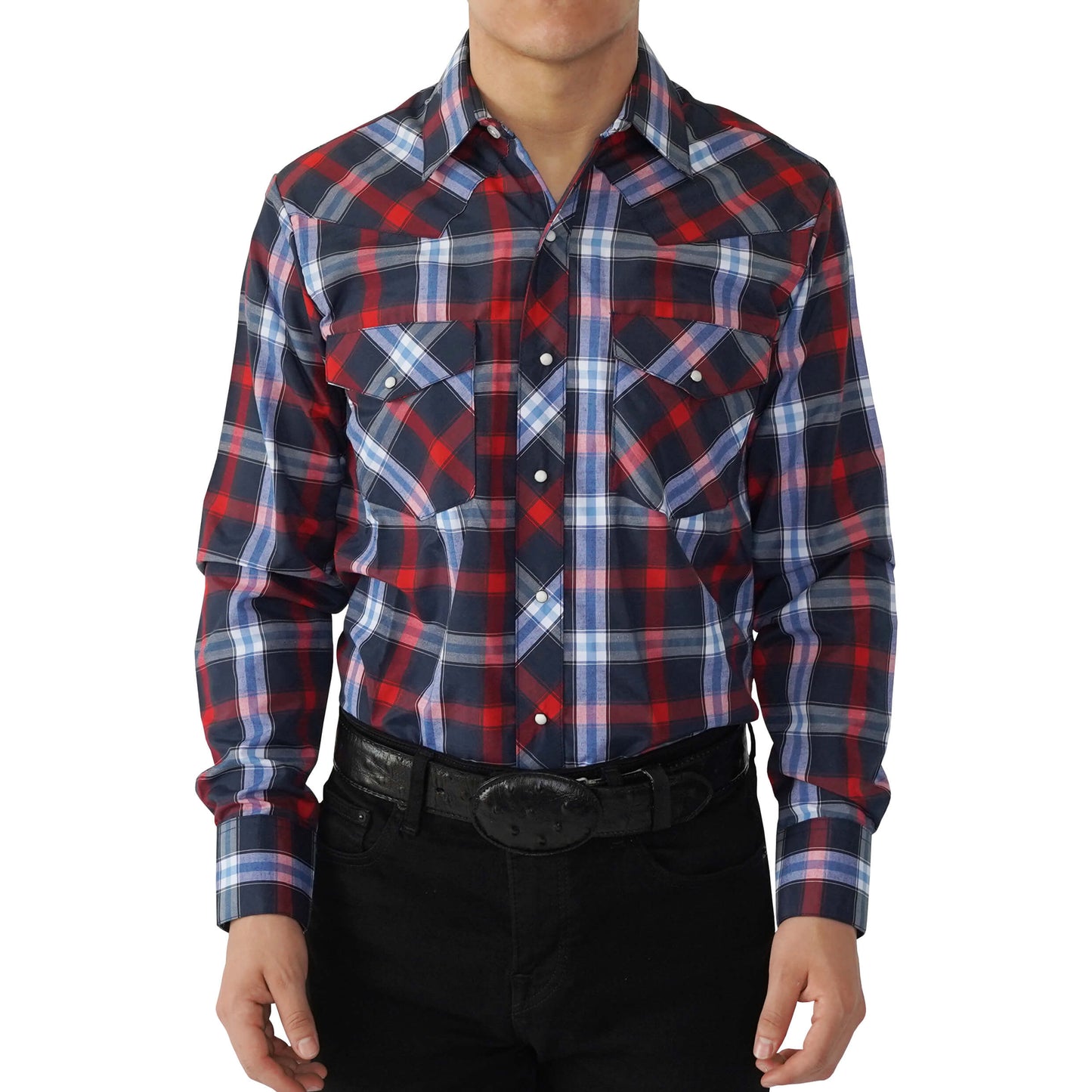 MEN'S NAVY RED LONG SLEEVE WESTERN SNAP PLAID SHIRT