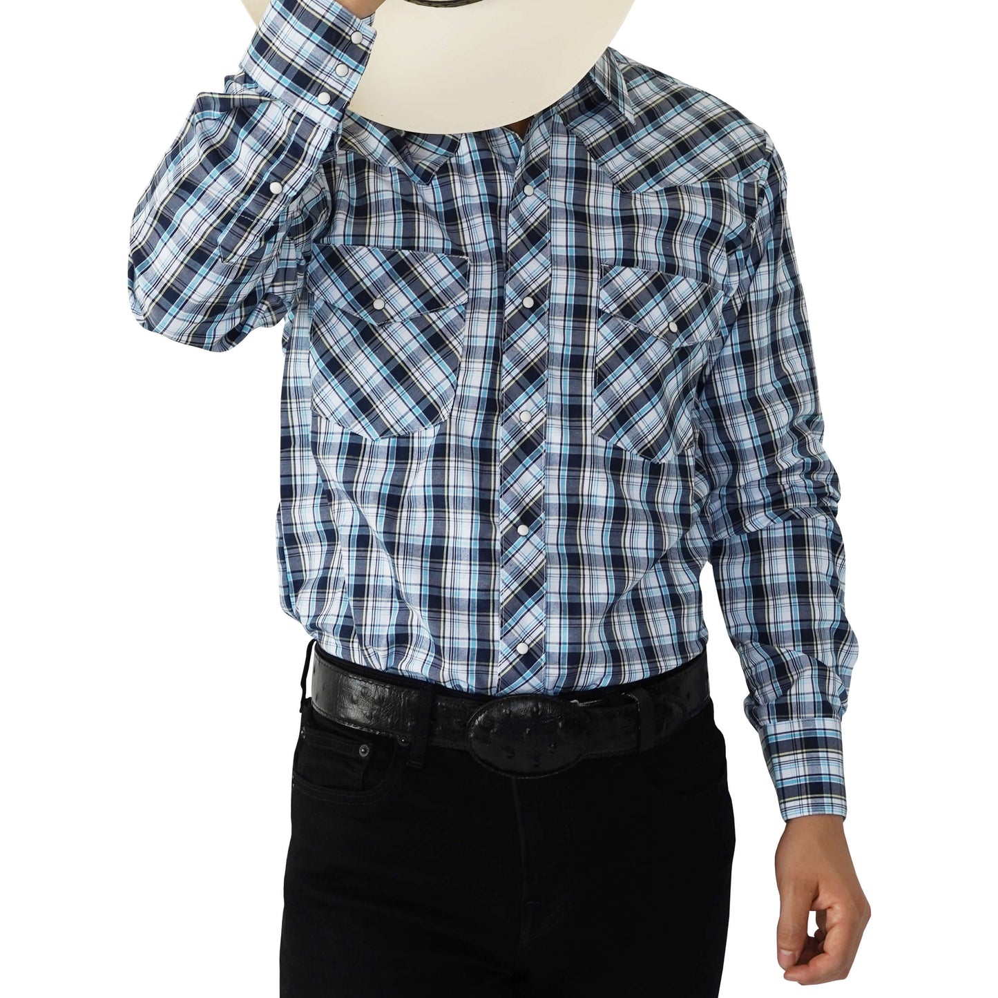 MEN'S TEAL LONG SLEEVE WESTERN SNAP PLAID SHIRT