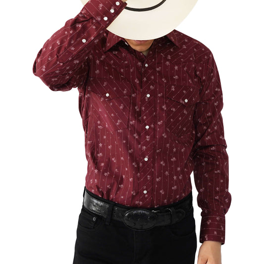 MEN'S MAROON LONG SLEEVE WESTERN PATTERN SNAP SHIRT