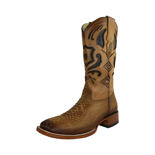 Men's Honey Western Boot Faux Python Square Toe Rodeo Boot