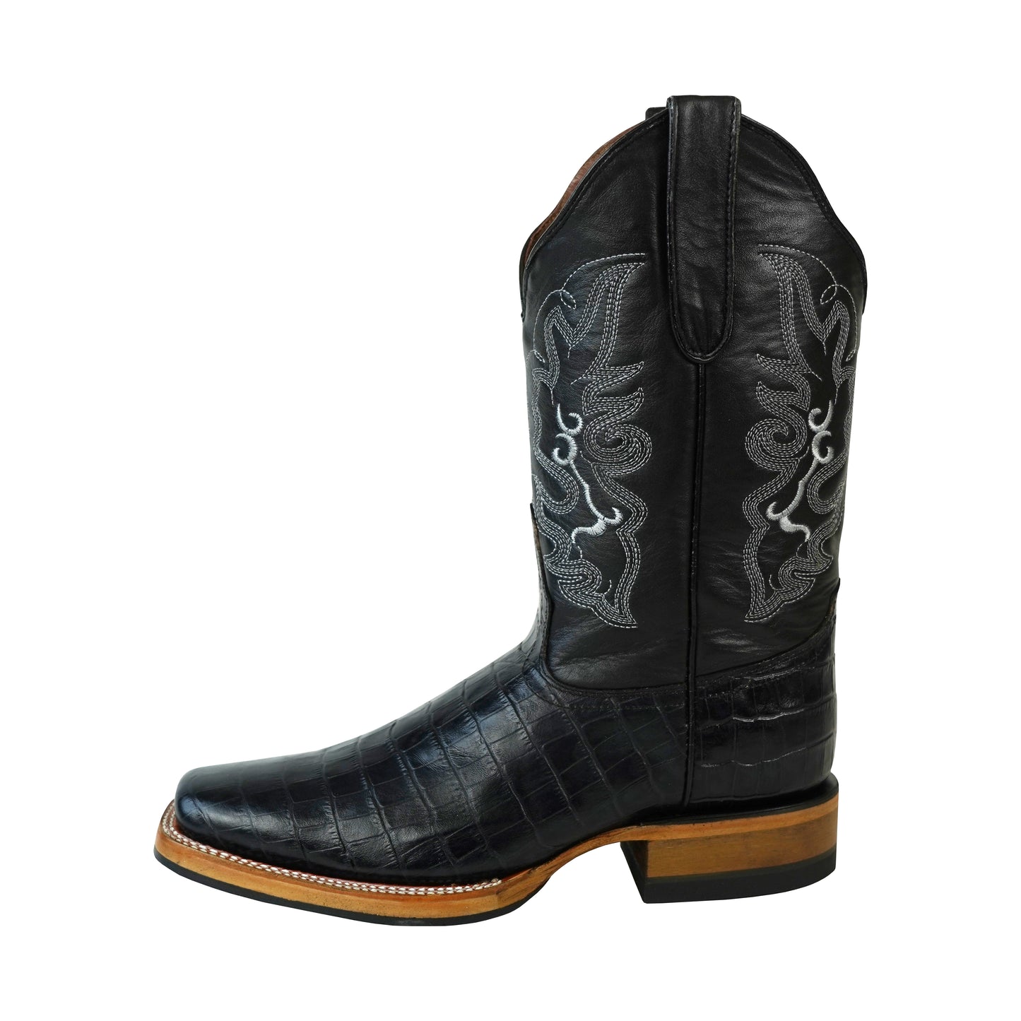 Men's Black Faux Crocodile Belly Western Square Toe Boot